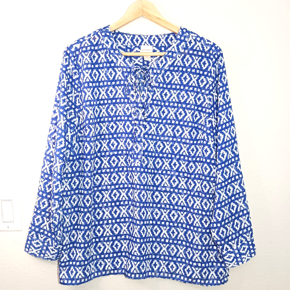 Chico's Casual Sheer Geometric Front Tie Blue Long Sleeve White Plus Sz 2 Blouse